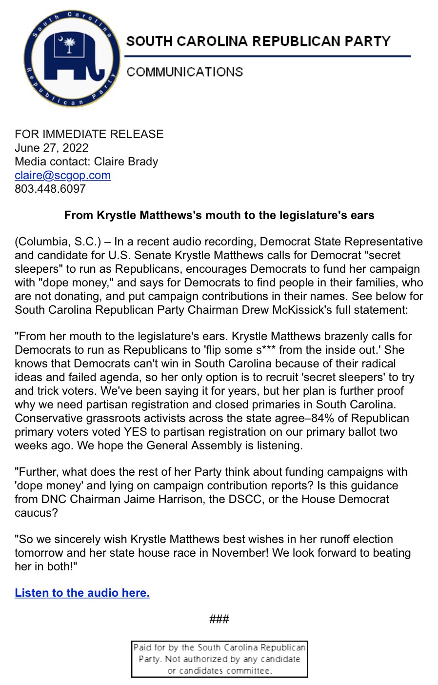 South Carolina Republican Party on Twitter "In an audio recording