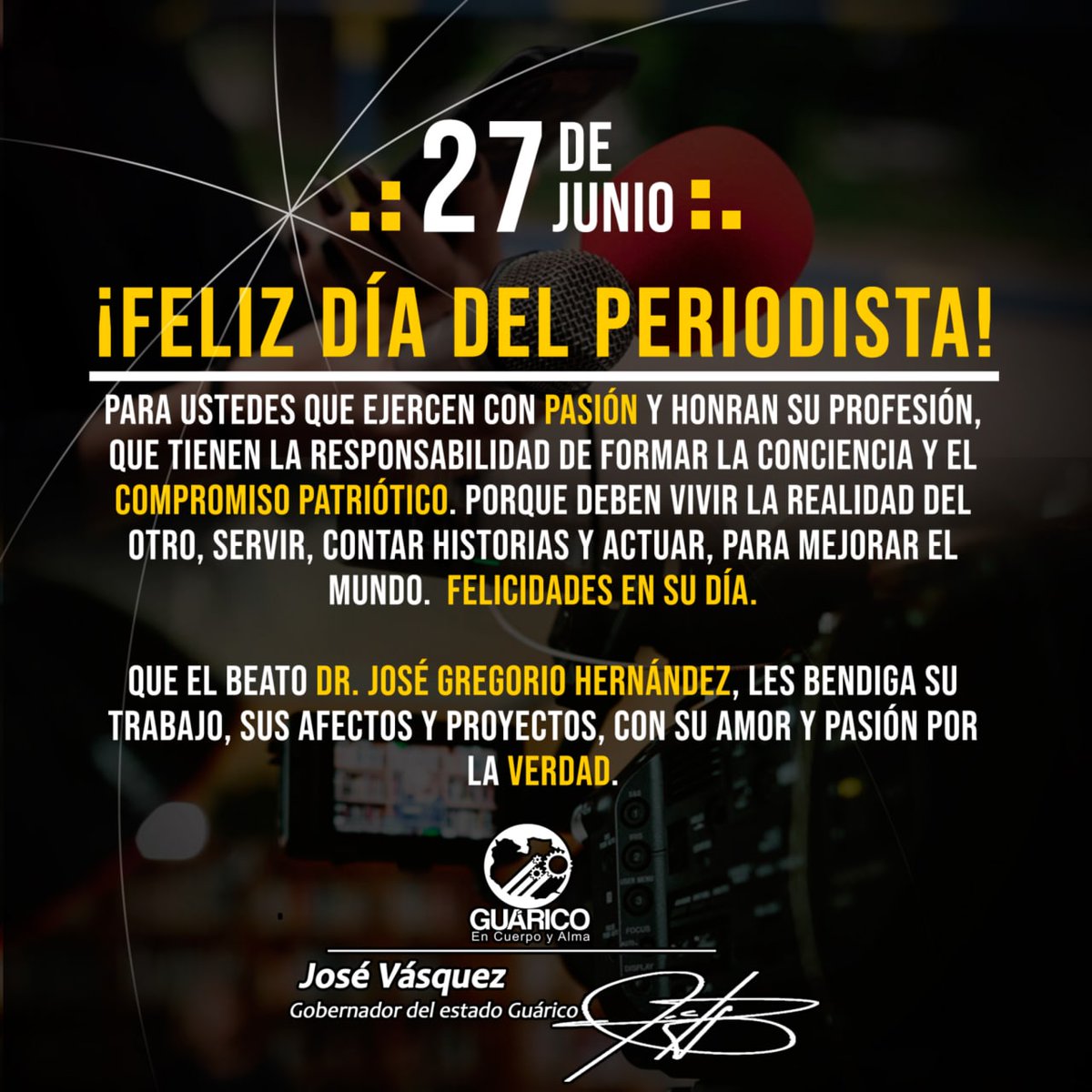 Mi felicitación a todas y todos los periodistas que cumplen su profesión con vocación, entrega y compromiso. Que siempre honran su trabajo en favor de la verdad y tienen la responsabilidad y el compromiso ético y moral de derrotar la mentira. ¡Feliz día del periodista!