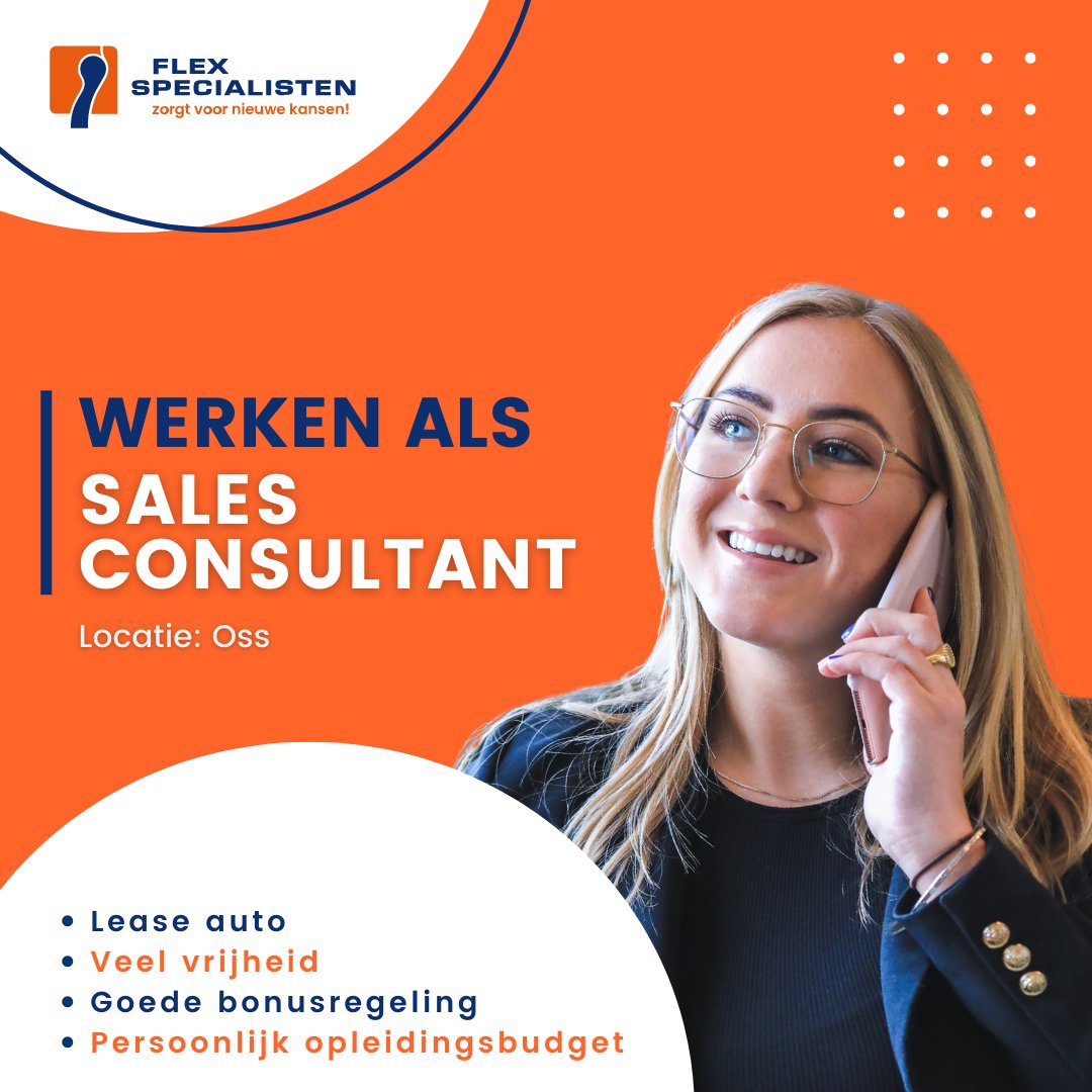 FLEXSPECIALIST's tweet photo. 𝗪𝗲𝗿𝗸𝗲𝗻 𝗮𝗹𝘀 𝗦𝗮𝗹𝗲𝘀 𝗖𝗼𝗻𝘀𝘂𝗹𝘁𝗮𝗻𝘁
Als Sales Consultant bij Flexspecialisten weet jij het beste uit jezelf en je collega’s te halen, zo streven jullie samen naar het beoogde resultaat.

Bekijk de volledige vacature: https://t.co/zrCWRk1gJs

#sales #vacature https://t.co/MeslSA3iUn