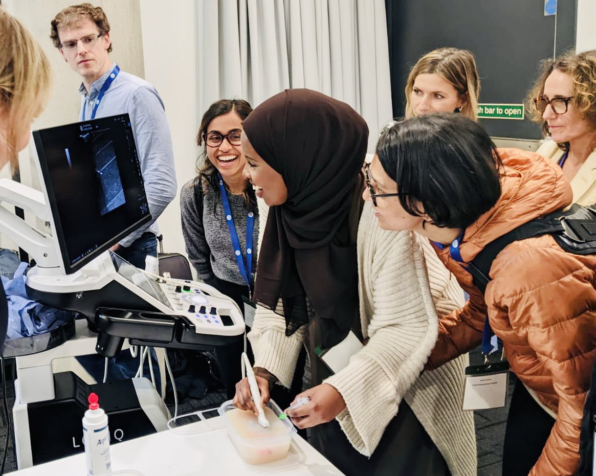 The fantastic @GoshOps_Images scrub team having a go at #vascularaccess at the hands-on table at Paediatric IR UK today. They were all impressively on target!