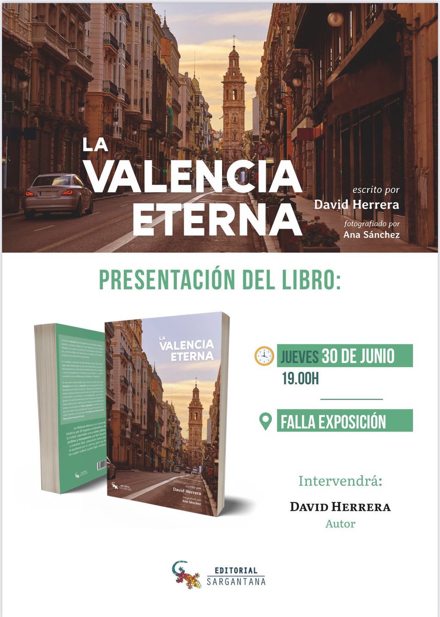 Sesión Exposición Cultural📖

🗣 La VALENCIA ETERNA
📍 Casal “El Ajedrez” 
🕒 19:00h 
🎟 Entrada libre 

El escritor David Herrera nos presenta su último libro, dedicado a los lugares más emblemáticos de nuestra querida ciudad. 💙❤️💛

Este jueves… te esperamos! 💚💚
