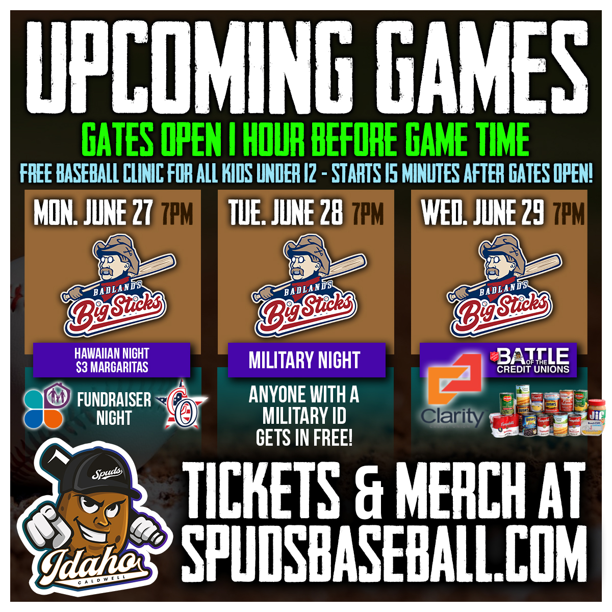 spudsbaseball's tweet photo. Spuds this week!
BIG 3 GAME SERIES!
Only 3 chances to see the Spuds this week...
https://t.co/W23cHRR9Pg
Monday is Hawaiian Night, Margaritas are ONLY 3 bucks! First pitch is 7pm, gates open at 6.
#spuds #spudstv #starbucks #packthepatch #TaterTown #canyoncountyspuds https://t.co/6O2NzrSDU0