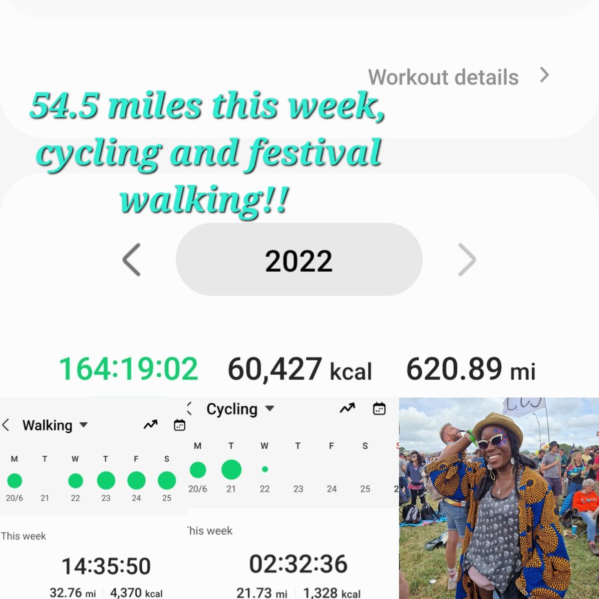 IbiPW's tweet photo. Poor signal @glastonbury equals posting my weekly total late. Another week to feel proud of my mileage. Lots of e-bike cycling for work, & lots of walking from stage to stage, but thankfully no mud! 54 miles & 620 miles ytd. #nhs1000miles #cyclewalk #carfreejune #festivalmiles https://t.co/c1RrM5Og48
