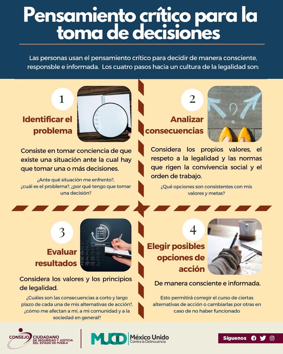 Pensar críticamente 🧠 para analizar y evaluar la congruencia y, con ello,  💭 permitirnos una mejor toma de decisiones  en beneficio de la #CulturadelaLegalidad ⚖️.

Aquí te presentamos4️⃣sencillos pasos para llevarlos a cabo en nuestra cotidianidad 👇