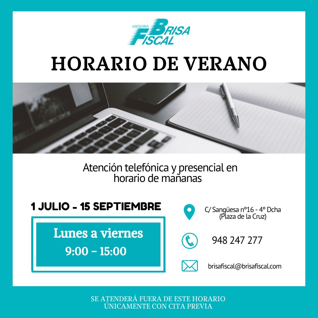 BRISAFISCAL's tweet image. Desde el 1 de julio y hasta mediados de septiembre, continuaremos prestado nuestros servicios en horario de 9:00 a 15:00. Se atenderá fuera de ese horario con cita previa. 

Atentamente.