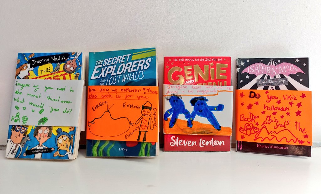CassieKempSLS's tweet photo. A few book belly bands (easy book recommendation/selling tool) from today's Year 3 and 4 #ReaderDevelopment sessions at @ARHPrimary. Loved these sessions! Thank you for inviting @MidlandsCLS into your school this year. #ReadingForPleasure #PrimaryReads https://t.co/JAvTiRFGIF