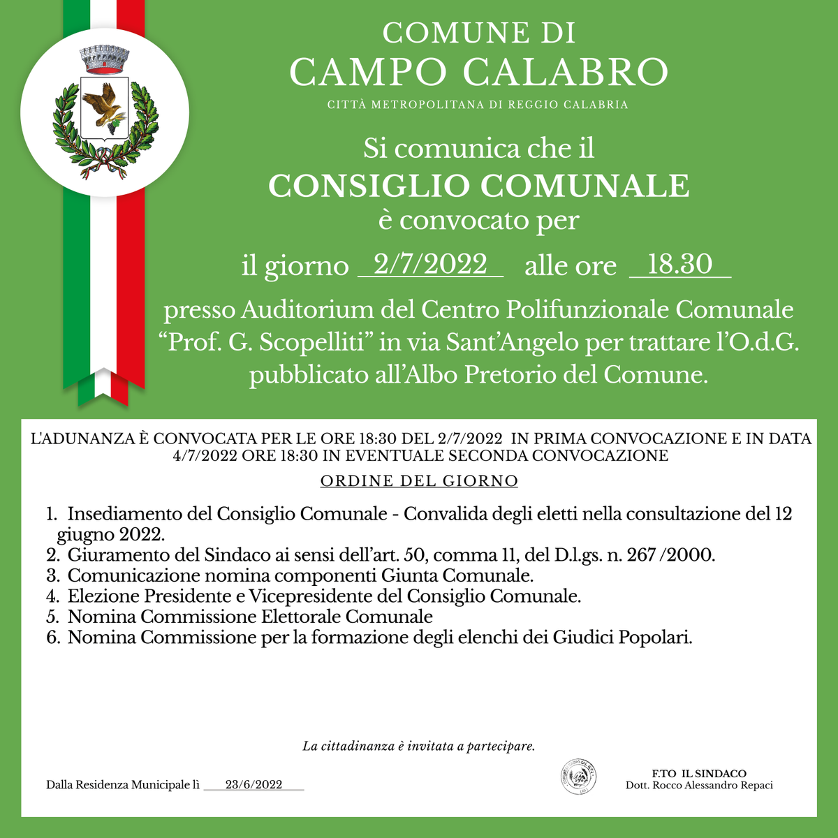 Convocazione del Consiglio Comunale per giorno mercoledì 2 luglio 2022 alle ore 18.30.
Disponibile la diretta streaming del Consiglio.
.
Iscriviti al canale Youtube del Comune di Campo Calabro ➡ bit.ly/campocalabroyo…