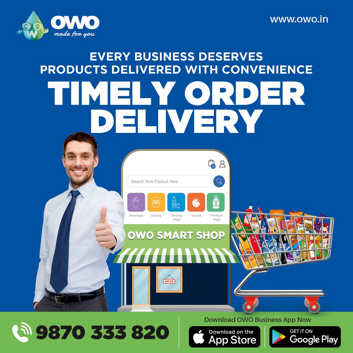 owoindia's tweet photo. At OWO smart shop, we understand how important time is for operating your business. Which is why we bring timely order delivery for all your business' daily essential needs. 

To know more,
📞 9870333820
📱 OWO Business App
🌐 https://t.co/VvfXXDUOV7
.
.
.
#OWO #OWOIndia https://t.co/TMMu9IMbF0