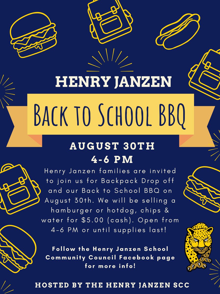 Save the date! Henry Janzen SCC will be hosting a Back to School BBQ during our Backpack Drop Off on August 30th to celebrate the start of the 2022-23 school year. Hope to see you there!