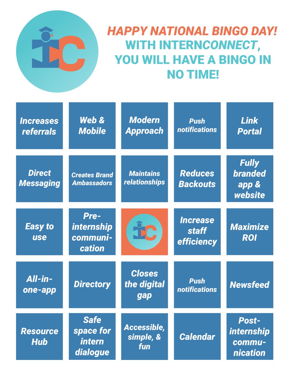InternConnect__'s tweet photo. Happy National Bingo Day! With InternConnect, you and your company will get a BINGO in no time with our amazing benefits!

Have questions about these benefits? Message us!

#internship #internconnect #internprogram #intern #hrtech #communication #nace22 #summerintern https://t.co/jNPcEYGgjU