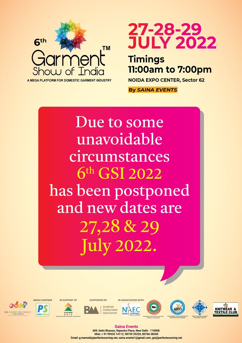 GarmentShow's tweet photo. GSI 2022 has been postponed and new dates are 27,28,29 July 2022. 
To get your FREE badge click on the link:
https://t.co/UjXe8y4nMZ
To know more about GSI 2022 visit our website or contact:
https://t.co/5DUYzzvWKG
Gagan Marwah - +91 +9873925220
info@garmentshowofindia.in https://t.co/C6U3wi8Jeh