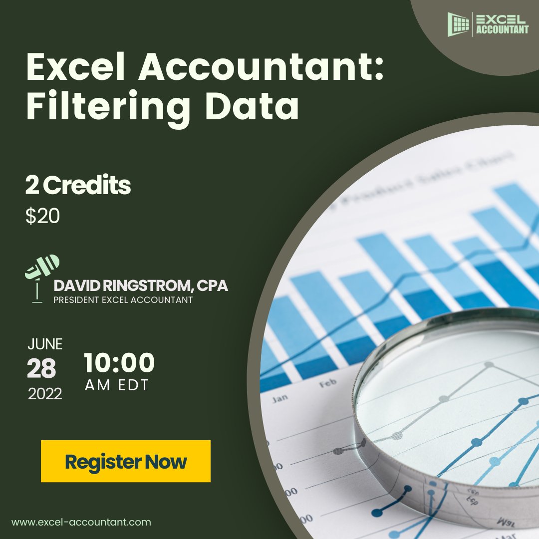 excel_account's tweet image. "Excel Accountant: Filtering Data", this insightful webinar by David Ringstrom will come live on June 28.
This 2 CPE webinar shows a variety of lookup functions to work more efficiently in Excel.
Book your seat: bit.ly/3ivjbQU
#filteringdata #filterdata