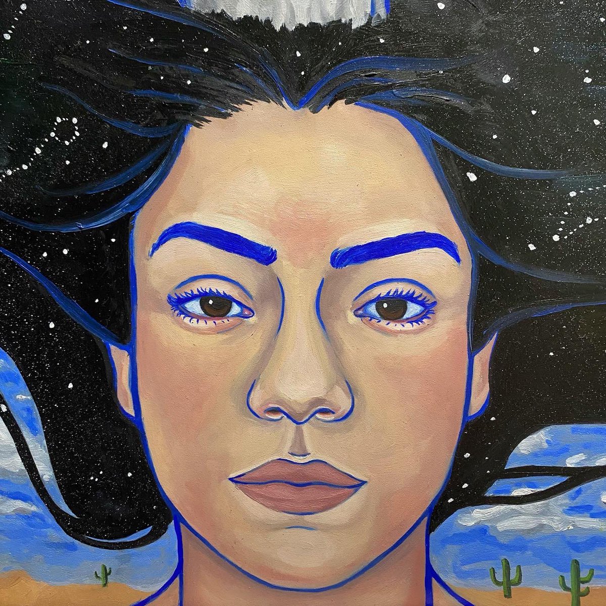 She is done and drying for a varnish! “Origins” is a reminder of our original ancestors. We are daughters of the sun and moon, so no one can fuck with our worth. See if you can find your zodiac constellations! I put them all there plus the Little Dipper.