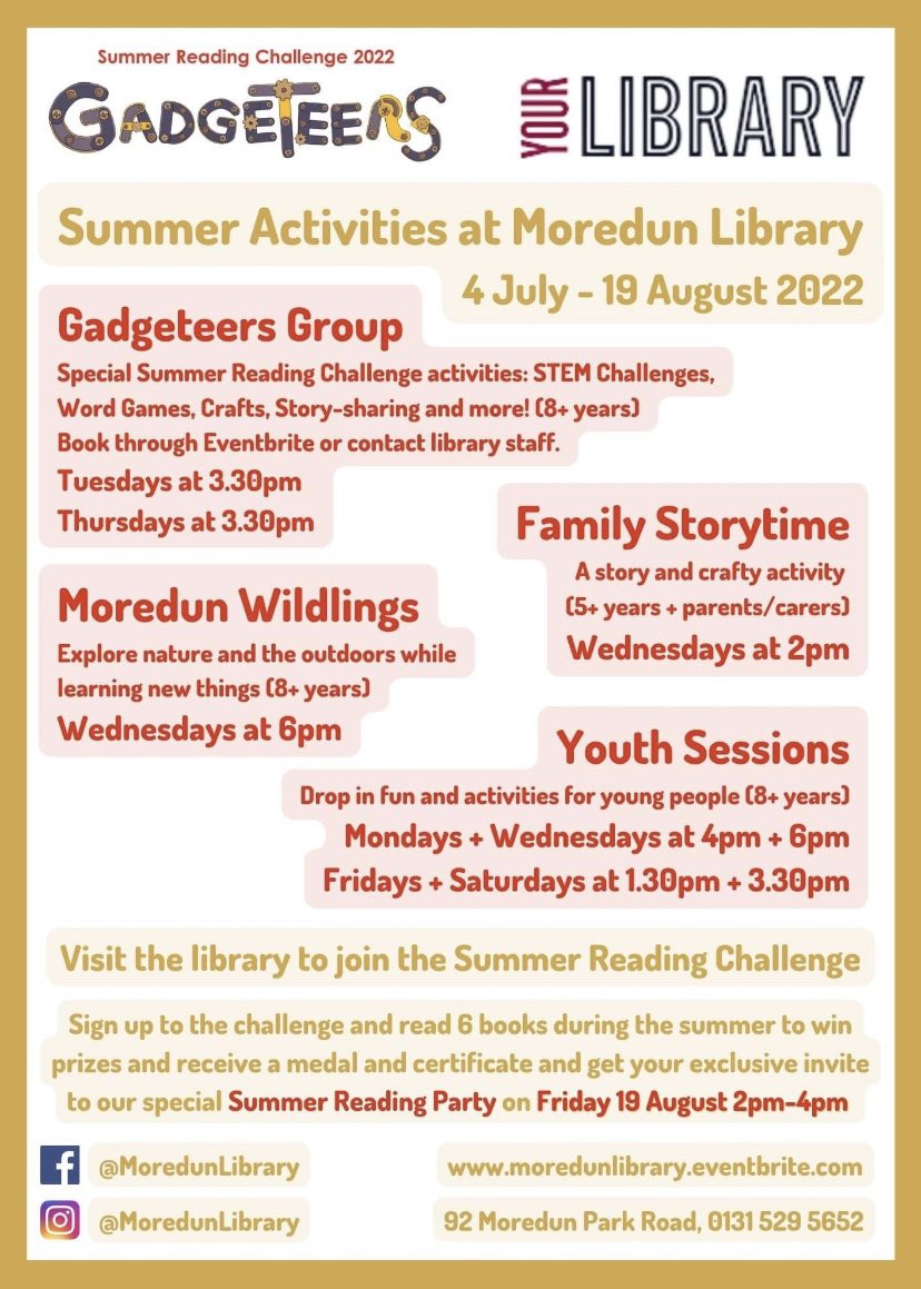 Summer activities at Moredun Library detailed below.