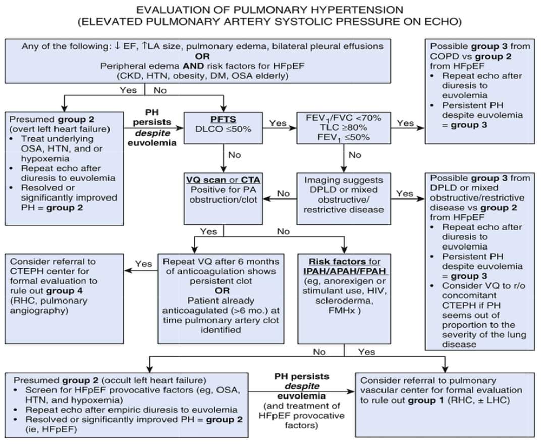 Eval of Pulm HTN
Step 1 rule in group 2
Step 2 rule out group 3
Step 3 rule out group 4
Step 4 rule out group 2
Step 5 consider group I
#pulmonary #Anesthesiology #EmergencyMedicine #meded #MedTwitter #CriticalCare #cardiotwitter #internalmedicine #hospitalist #cardiology PRTIYL