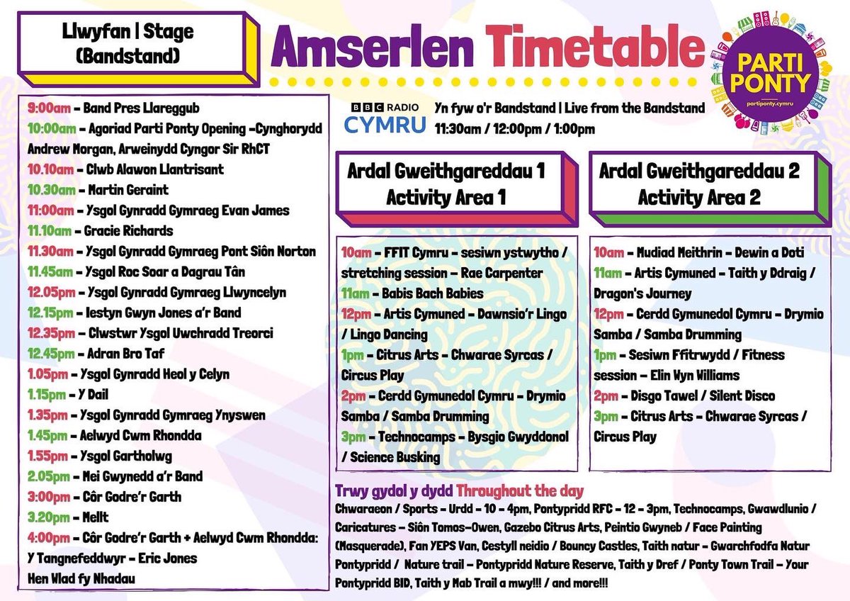 MenterIaithRhCT's tweet photo. 📣 AMSERLEN #PARTIPONTY22 TIMETABLE📣 02.07.22 @mentrauiaith @LlywodraethCym @RCTCouncil @YourPontypridd @thinkorchard @AandBCymru @LidoPonty @CMW_CGC @DwrCymru @BBCRadioCymru @chwaraeonyrurdd @ArtisCommunity @CitrusArtsUK @Pontyparkrun @PontypriddRFC @Technocamps_USW @gtfm_radio https://t.co/FtBdEh9u8l