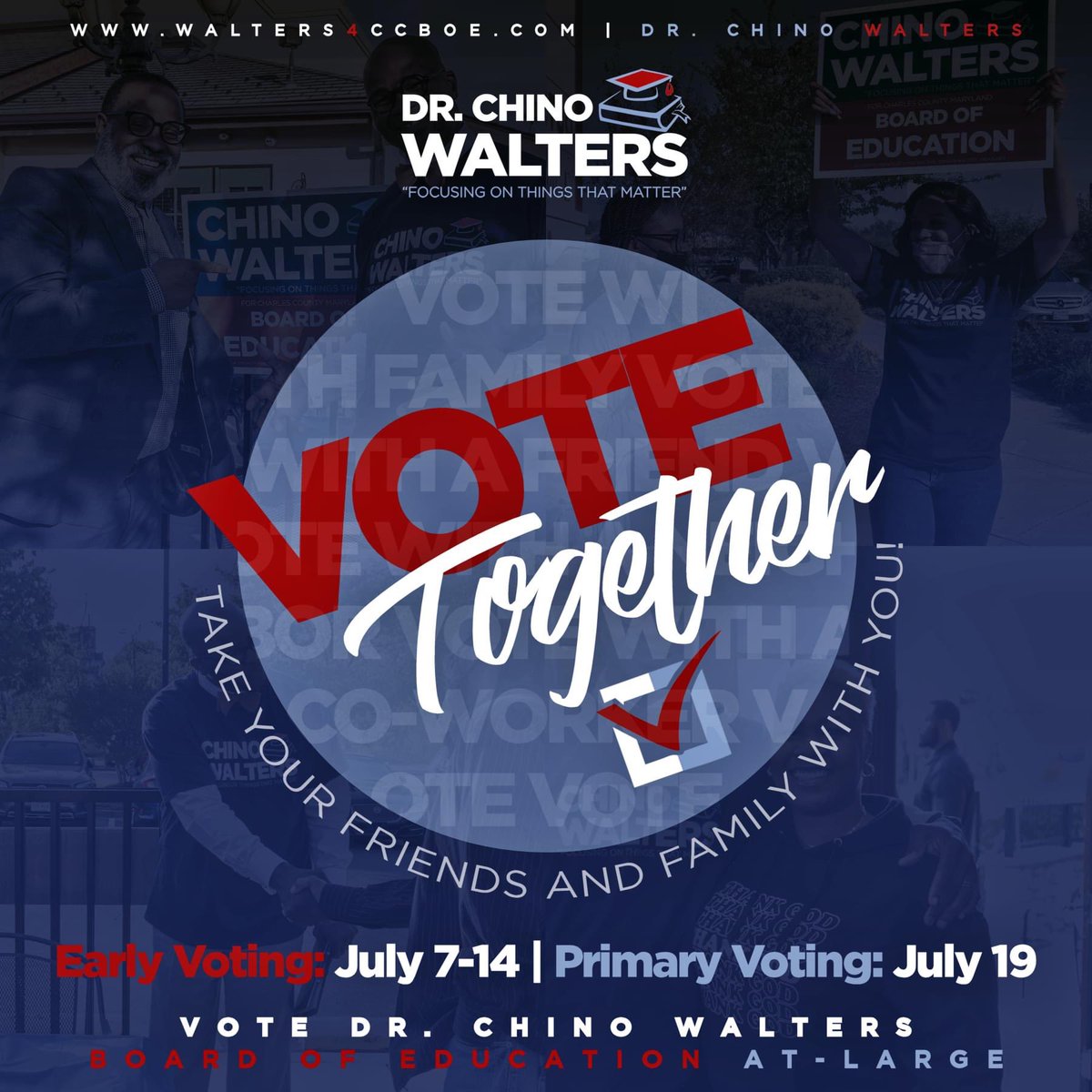 Charles County, Maryland, make your voices heard at the polls and vote for Chino Walters for Charles County Board of Education At-Large.
#walters4ccboe #FocusingOnThingsThatMatter #CCBOE #CCPS #AtLarge #Vote #Education #CharlesCountyMD #USMCVeteran