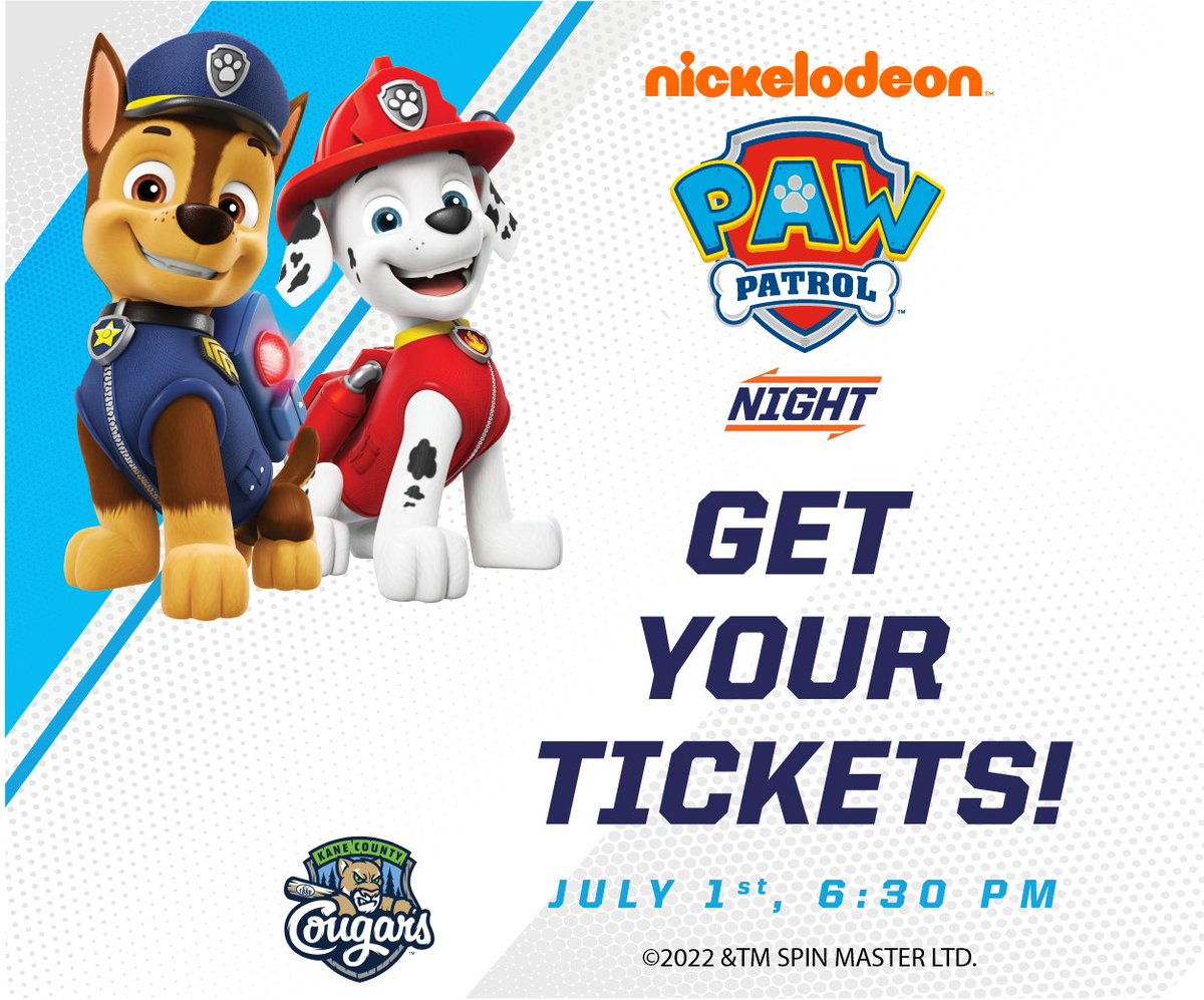 KCCougars's tweet photo. PAW Patrol, to the lookout!! 🐾⚾️

#YourCougars are hosting @Nickelodeon @PAWPatrol Night on Friday, July 1st! Come out and kick off your 4th of July weekend and meet PAW Patrol's own Marshall &amp; Chase! 🐶 #ChooseCougs https://t.co/3EjSzUhRCD