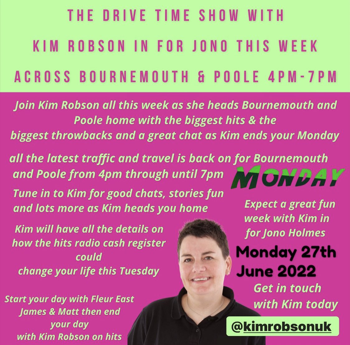 Join <a href="/kimrobson/">Kim</a> on @hitsbournemouth all this week as she sits in for Jono on the drive time show. Kim has lots great music &amp; chats to get you home!

🚦all latest traffic news for #Bournemouth &amp; #Poole is ON

💷Cash Register details with Kim 

🗣Play Hitsradio Bournemouth &amp; Poole