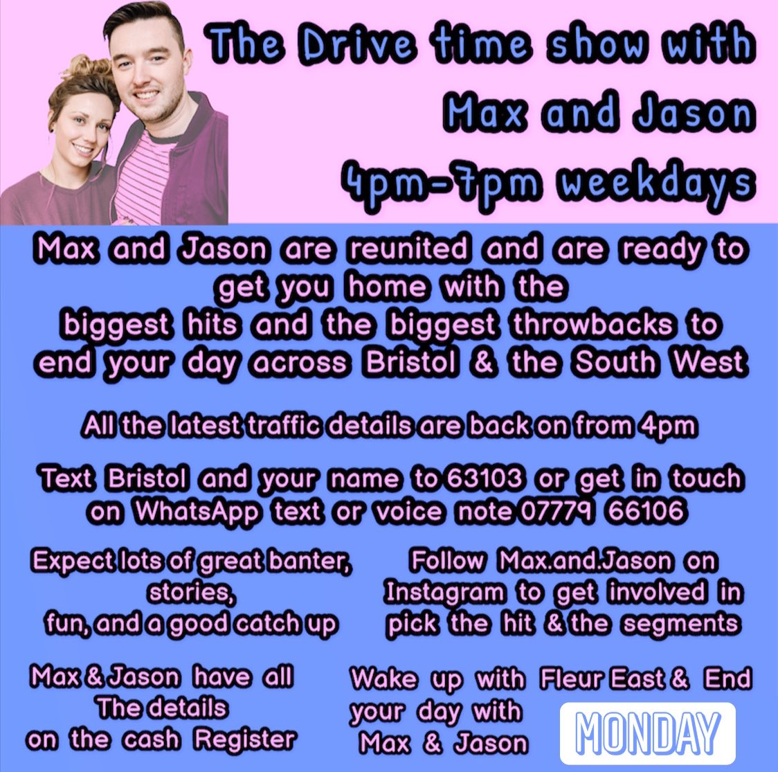 Join <a href="/maxineknight/">Max Knight</a> &amp; <a href="/jasonwebster1/">Jason Webster</a> on @HitsBristol as they are reunited after a week apart💞

Expect lots of fun, laughs &amp; chats in between the biggest hits &amp; throwbacks!🙌 

🚦the latest traffic details are back on! 

 ‘Play Hits Radio Bristol &amp; The South West’🗣