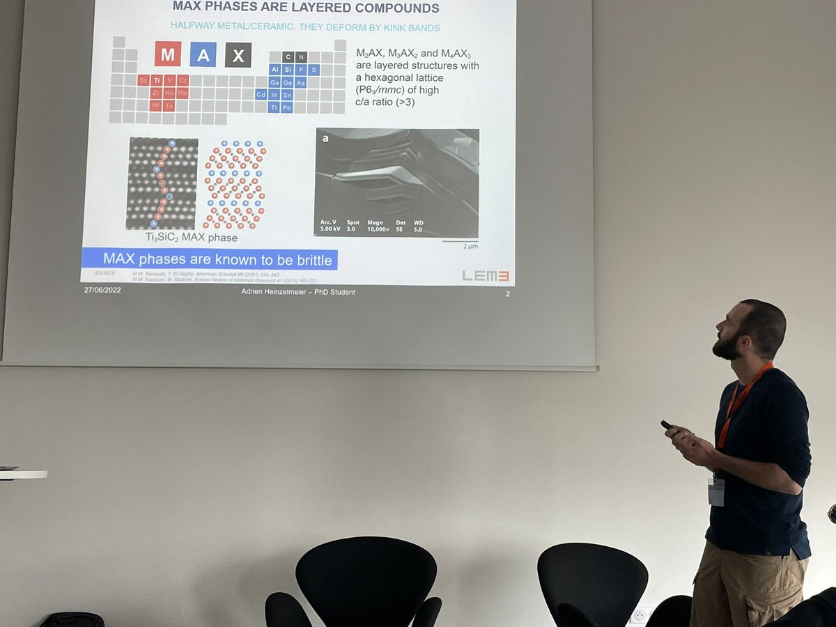 antGTN's tweet photo. #ICSMA19 wonderfull talk of @A_Heinzelmeier on #MAXPhase deformed by SMAT for #hydrogen storage 👏 and a very clear demonstration of kink bands and delamination 🃏. @Labo_LEM3 @LEM3_IMPACT @Univ_Lorraine @INSIS_CNRS @CNRS_Centre_Est #MITI https://t.co/5EDDTVlR0e