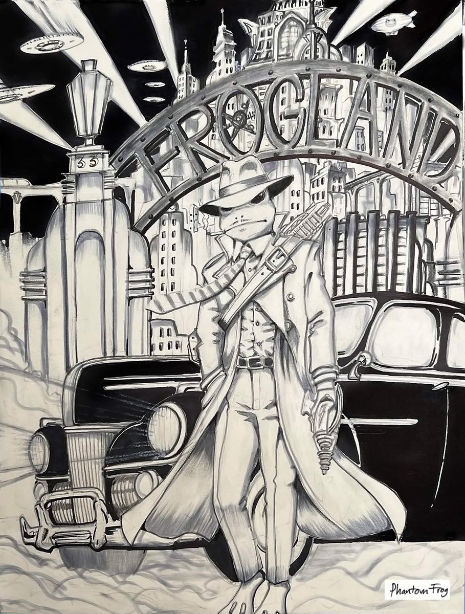 Darth_Magus's tweet photo. New #NotoriousFrogs of @Frogland_io #deribbitive I just doodled. Imagining our town with a Fritz Lang Metropolis vibe. https://t.co/7ZcESzBSES