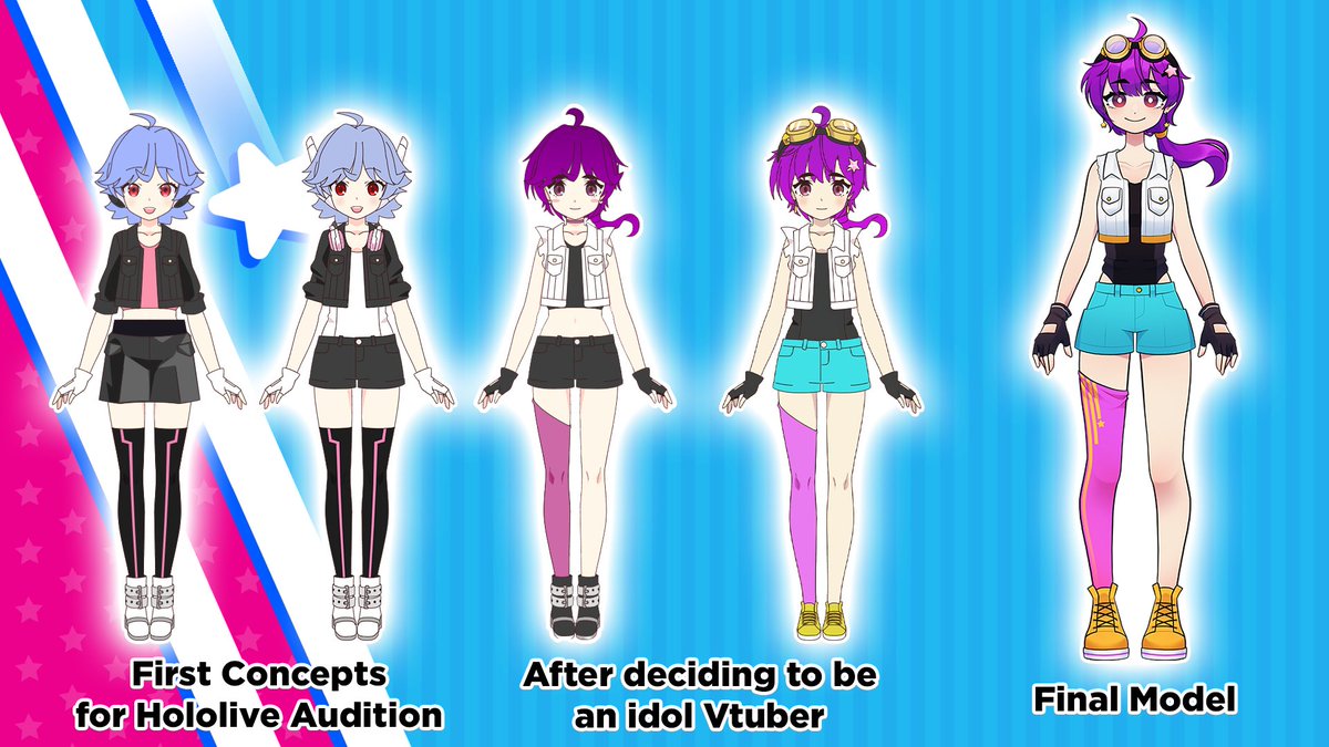@ULTRA_VTT <a href="/MortemMummy/">MummyMortem 💜</a> Here's the evolution of my design!

The initial concept combined 80s tokusatsu heroes with Rei Ayanami from Eva. Then I iterated when I added the idol theme. Shout-out to my pal Kabu and my model mama <a href="/chocoelats/">Chocoe | Working on Comms</a> who provided a lot of cute extra detail!!