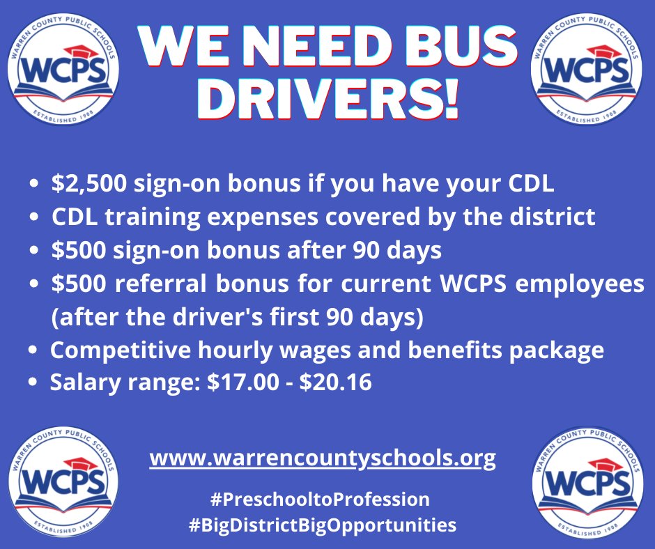 WarrenCoSchools's tweet photo. WE NEED YOU! Our district continues to have a critical bus driver shortage!  With less than two months until opening day, difficult decisions need to be made soon.  Please click here https://t.co/69CnCCBPYD to apply to be a bus driver!  #PreschooltoProfession #TEAMWCPS https://t.co/Wg9iZIWDkV