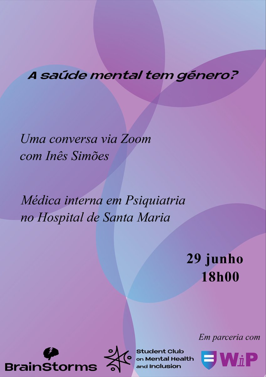 SaudeMentalIST's tweet photo. Na próxima BrainStorms, organizada em colaboração com @IstWip, a Dra. Inês Simões (médica interna em Psiquiatria no Hospital de Santa Maria) irá responder à questão: "A saúde mental tem género?"

📅29 de junho | 18h00 (Zoom)

Inscrições através de:
https://t.co/OPpHVoM0n4 https://t.co/8nm5iZH5PB
