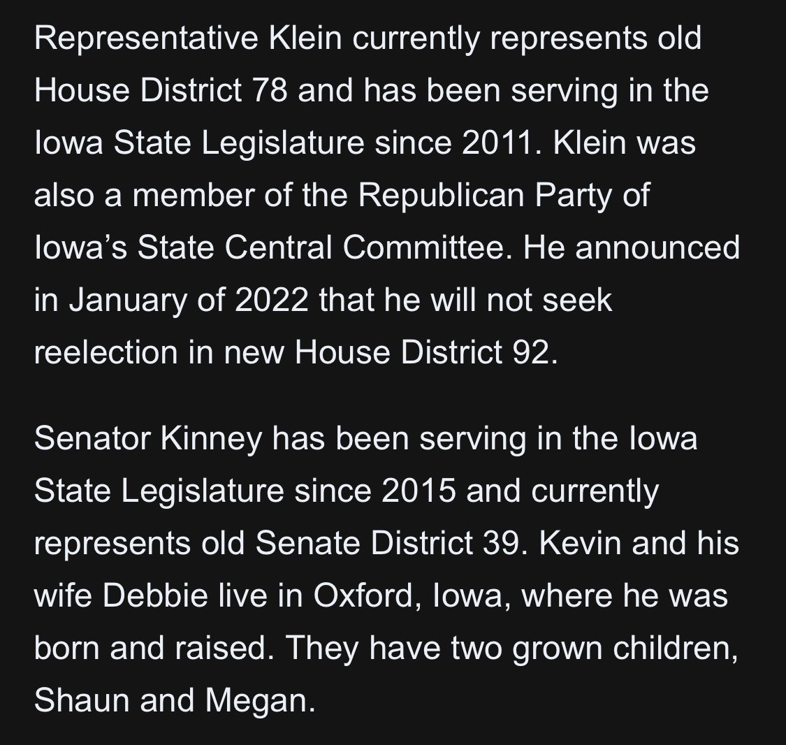 ShillcockGeorge's tweet photo. INBOX: Retiring REPUBLICAN Iowa State Representative Jarad Klein (Keota) is endorsing DEMOCRAT State Sen. Kevin Kinney (Oxford) in the #SD46 race against Republican State Sen. Dawn Driscoll (Williamsburg)

Klein currently represents Washington Co., part of Kinney’s new district https://t.co/3dqUGy3Yda
