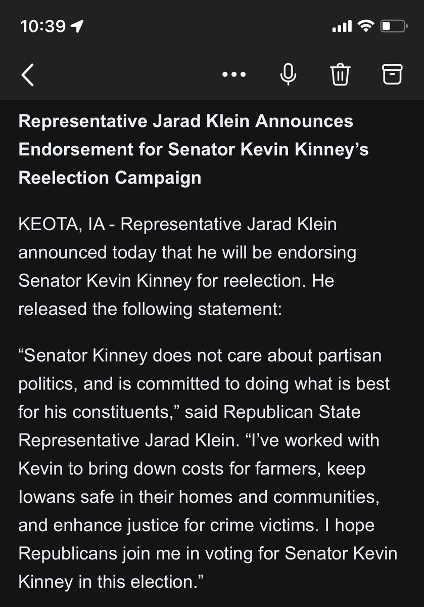 ShillcockGeorge's tweet photo. INBOX: Retiring REPUBLICAN Iowa State Representative Jarad Klein (Keota) is endorsing DEMOCRAT State Sen. Kevin Kinney (Oxford) in the #SD46 race against Republican State Sen. Dawn Driscoll (Williamsburg)

Klein currently represents Washington Co., part of Kinney’s new district https://t.co/3dqUGy3Yda