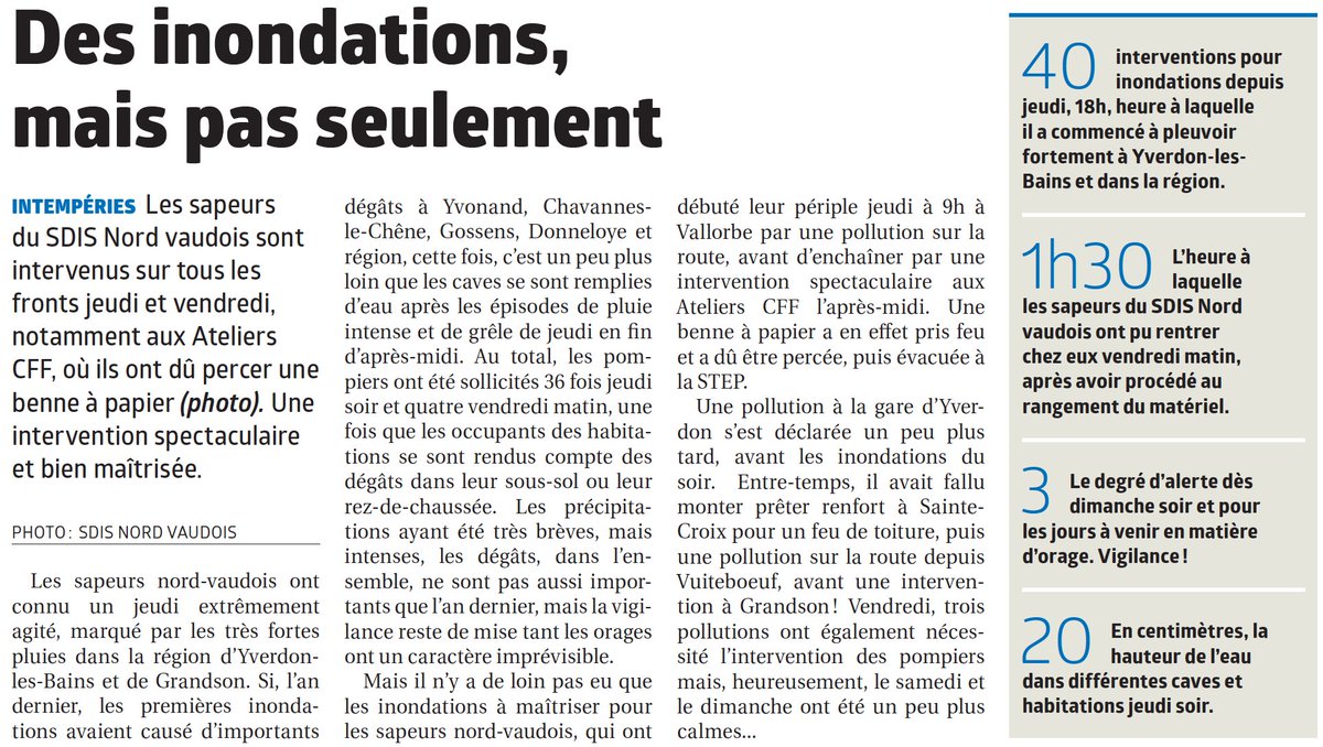 sdisnv's tweet photo. Très bel article de la Région Nord Vaudois, merci pour la couverture de cette semaine assez intense pour nos équipes.
Nous en profitons pour remercier nos camarades #pompiers du SDISPO qui nous ont prêté main forte lors des #inondations de jeudi! 
#entraide #incendie https://t.co/03gpRqCDDt