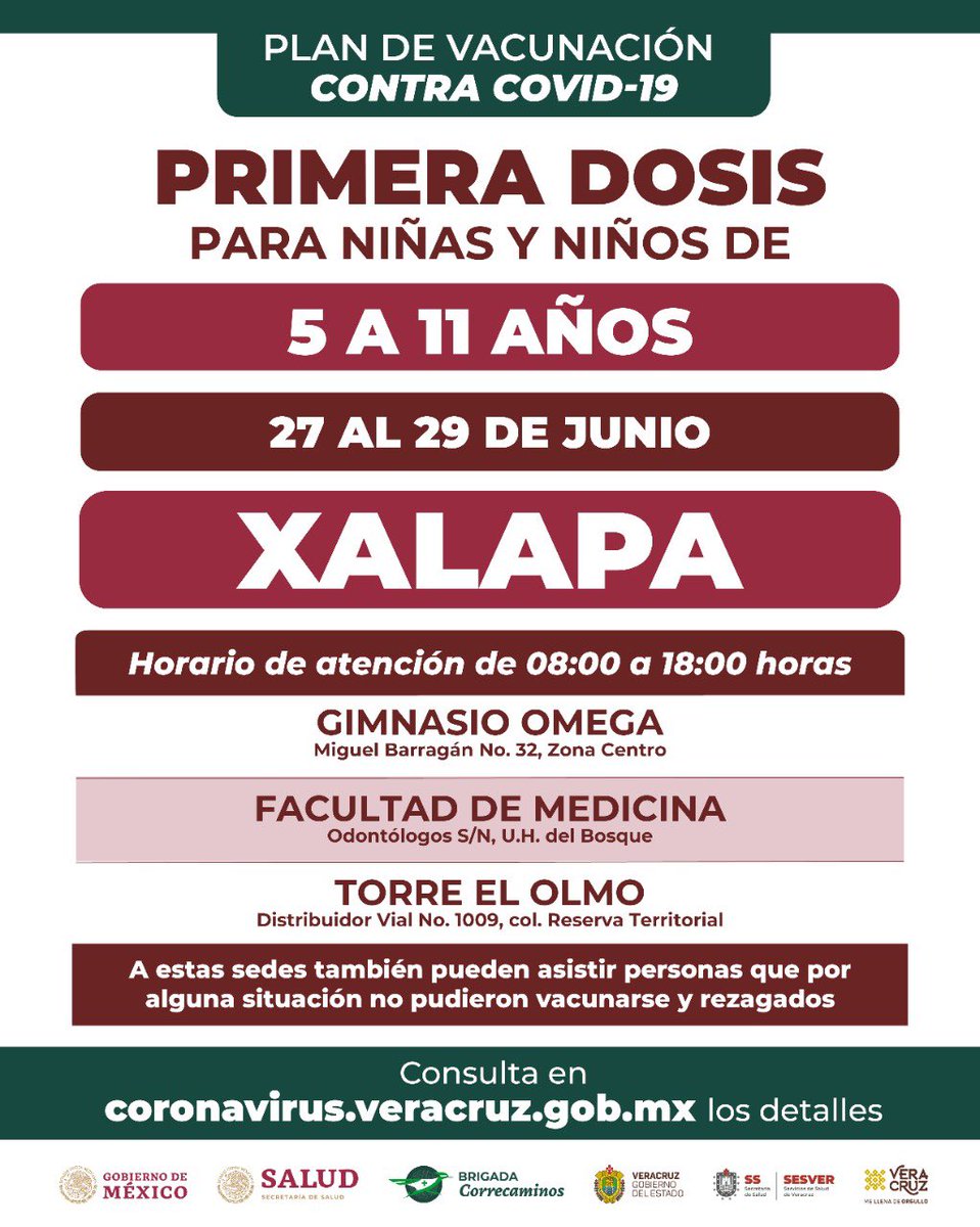 GobiernoVer's tweet photo. ⭕️ Recuerda que a partir de hoy lunes 27 y hasta el miércoles 29 de junio se estarán aplicando primeras dosis a niñas y niños de 5 a 11 años en #Xalapa, Boca del Río y el Puerto de #Veracruz.

Consulta la información completa aquí 👇 https://t.co/JsIEWnGPdw