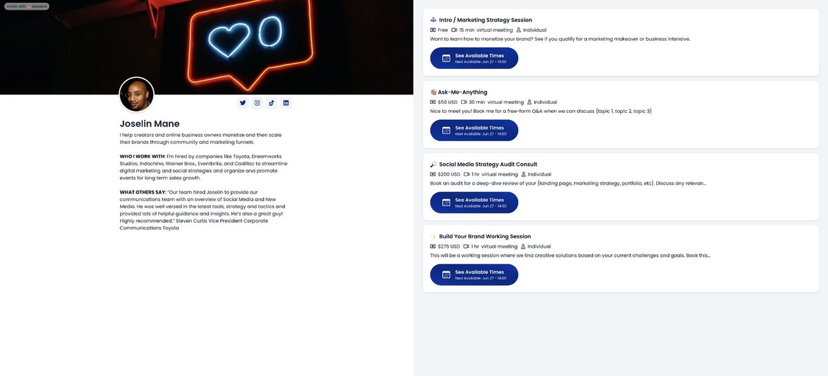 JoselinMane's tweet photo. Hey #Creators / Online Business Owners
I’ve setup my free @DaysliceHQ page & so should you!
I connected w/Founder @iarora_
& great team @heyshinal @jmzaborowski
During last weeks #CreatorCommunityChat - Creator Technology thx to @DoctorJAuthor
https://t.co/SPchVC0F27 https://t.co/goXdXgaT9U