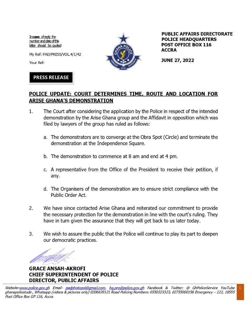 GhPoliceService's tweet photo. News Release Update: 
Court Determines Time, Route and Location for Arise Ghana’s Demonstration https://t.co/GqhAm8oFj4
