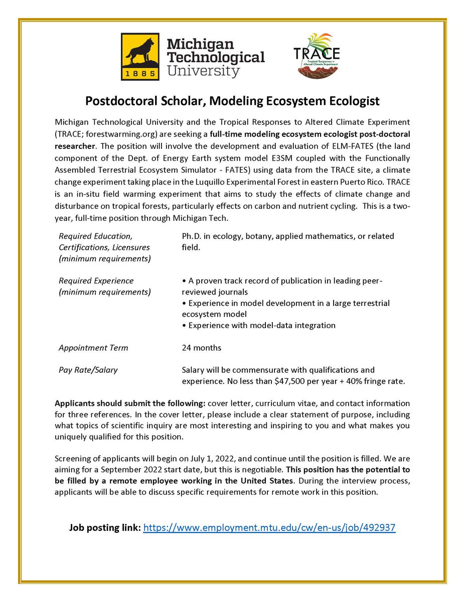Molly Cavaleri (@mollycavaleri) on Twitter photo We are seeking modeling postdoc for Puerto Rican tropical forest warming study! Possible to work remotely. Please boost 📢 <a href="/DJPMoore/">Dave Moore</a> @rosie_a_fisher <a href="/AnthonyPWalker/">Anthony Walker</a> <a href="/CLM_science/">CLM_science</a> #E3SM #FATES
To apply: employment.mtu.edu/cw/en-us/job/4… We are seeking modeling postdoc for Puerto Rican tropical forest warming study! Possible to work remotely. Please boost 📢 <a href="/DJPMoore/">Dave Moore</a> @rosie_a_fisher <a href="/AnthonyPWalker/">Anthony Walker</a> <a href="/CLM_science/">CLM_science</a> #E3SM #FATES
To apply: employment.mtu.edu/cw/en-us/job/4…