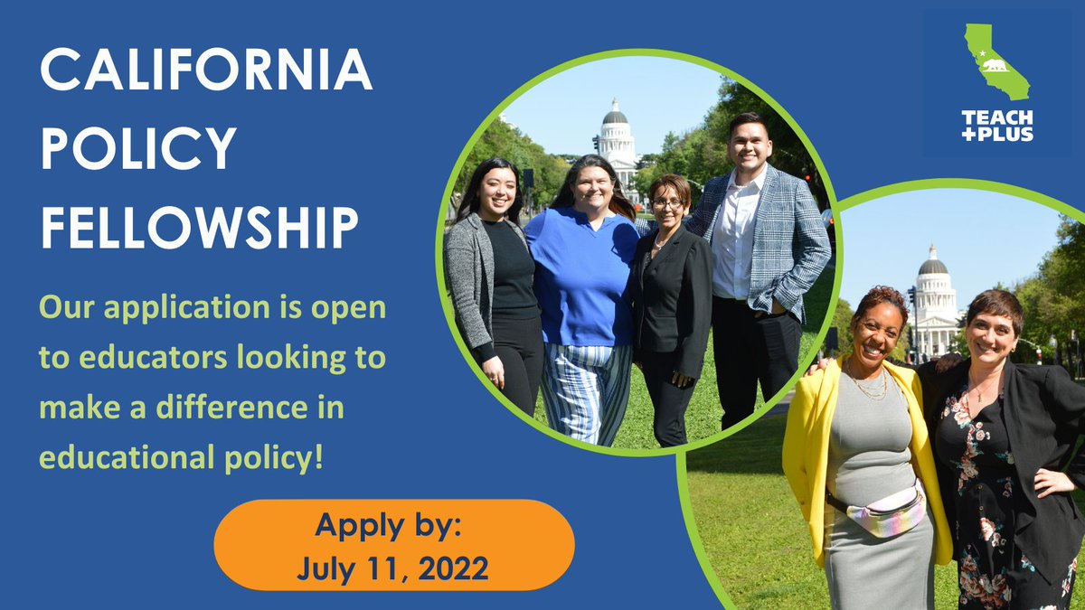 Teach Plus CA (@teachplusca) on Twitter photo #CaliforniaTeachers only TWO WEEKS left to apply for our 22-23 Policy Fellowship! As a <a href="/teachplus/">Teach Plus</a> Fellow you can affect policy that impacts your local community. And you don't need prior policy experience to apply.
Read more about our Fellowship here: teachplus.org/regional_progr… #CaliforniaTeachers only TWO WEEKS left to apply for our 22-23 Policy Fellowship! As a <a href="/teachplus/">Teach Plus</a> Fellow you can affect policy that impacts your local community. And you don't need prior policy experience to apply.
Read more about our Fellowship here: teachplus.org/regional_progr…