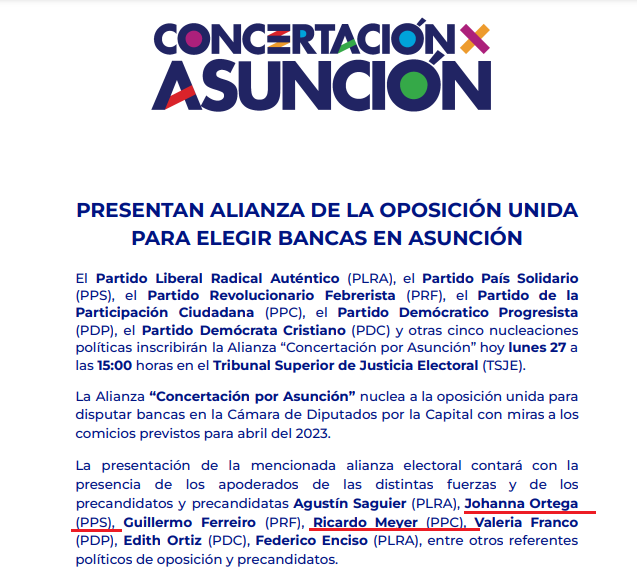 #Diputación

Desbande de la izquierda en Asunción. 

Carlos Filizzola impone a su candidata Johana Ortega (PS) en una alianza con otros partidos y quiebra el bloque del Frente Guasú en Asunción. 

Así también Esperanza Martínez ubica a Ricardo Meyer dentro de esta coalición.