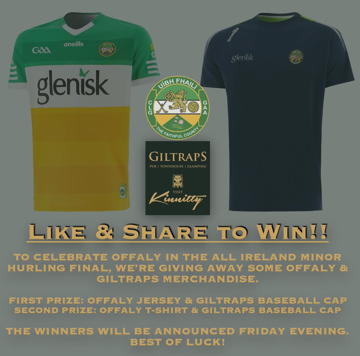 VisitKinnitty's tweet photo. WIN Offaly GAA &amp; Giltraps merchandise and be Game Ready for Sunday’s All Ireland Minor Hurling Final! All you have to do is LIKE &amp; SHARE this post! 💚⚪️💛🏆🏑🍀🤞🏼
#RollOnSunday https://t.co/H0oFXJKi6Z