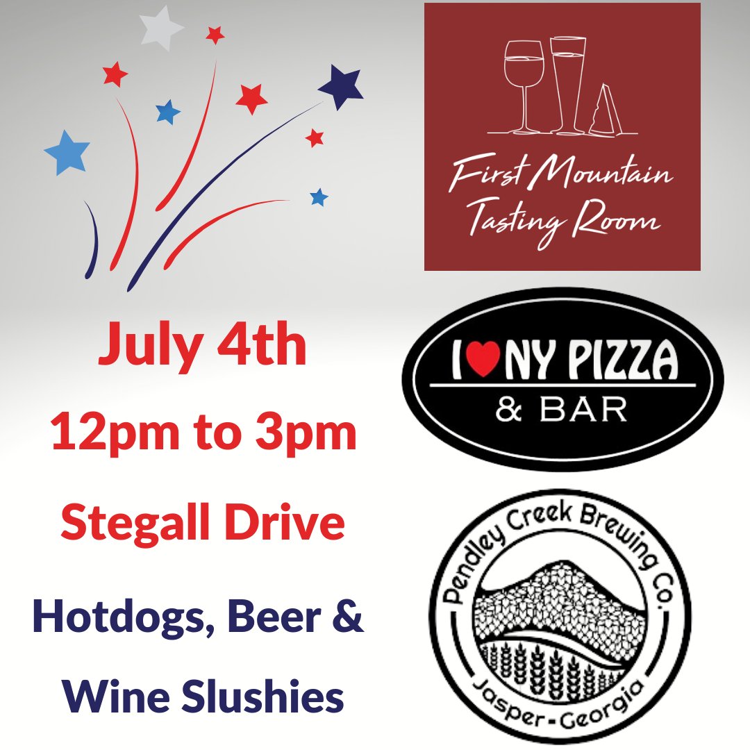 firstmtntasting's tweet image. 4th of July FUN! Tents will be at the top of Stegall Drive &amp;amp; Main Street, so you won't miss any of the parade. #fourthfun #paradejasperga #food #beer #wineslushies