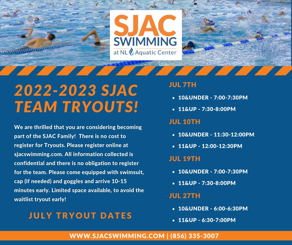 Thinking about joining the SJAC Family? Here are our July tryout dates! Click the link below to register for your FREE tryout! #rollgators🐊

ow.ly/WnCg50JIz8C
