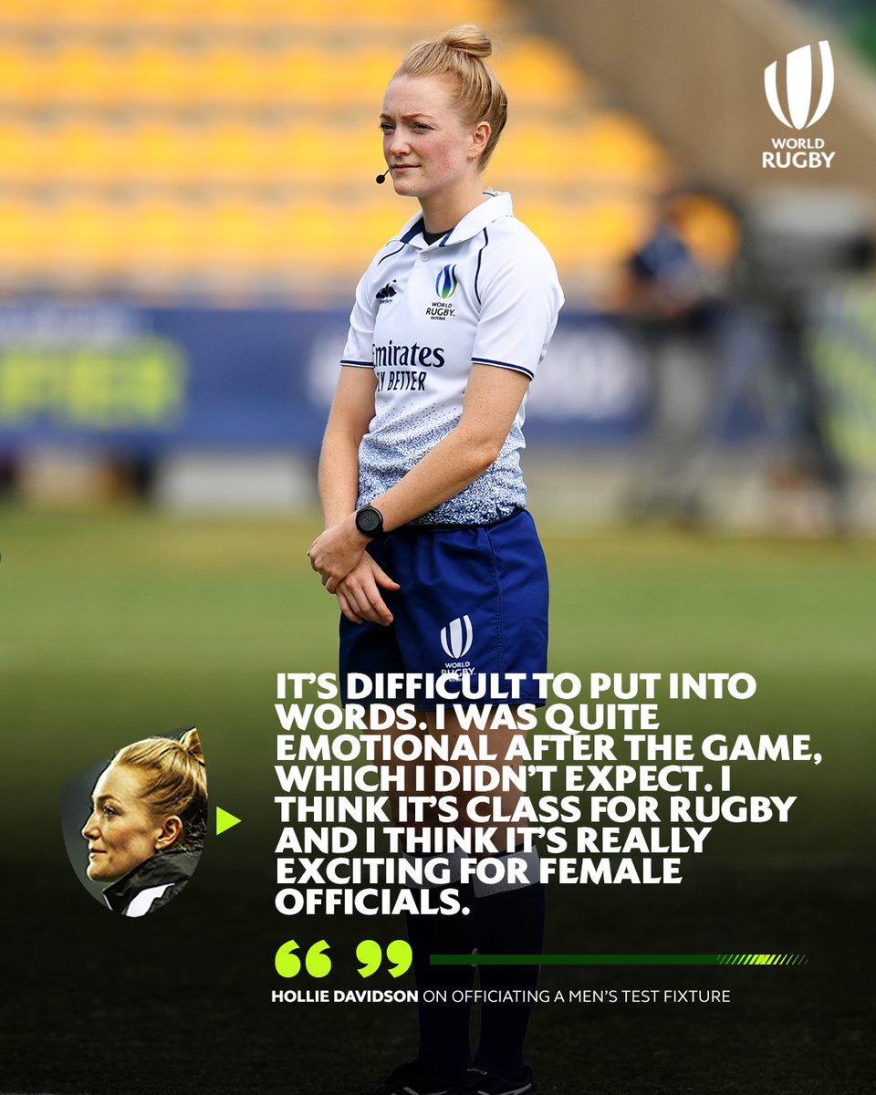 WorldRugby's tweet photo. Paving the way for others to follow 👏

Referee Hollie Davidson reflects on her role as part of the first all-female team to take charge of a men’s test match. https://t.co/V4r06ZQsdS