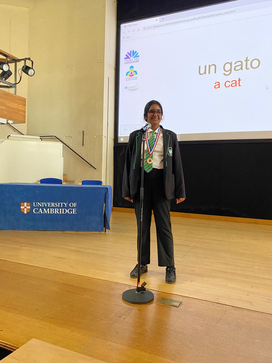 ghsmflofficial's tweet photo. ¡En hora buena Trihka! Out if 17000+ students who entered the @Routesintolangs MFL spelling bee this year- she got to the national final! Trihka joined 100 students from across the country at @Cambridge_Uni to represent GHS. 🎉 🇪🇸 🐝 https://t.co/3ZqcdHifQG