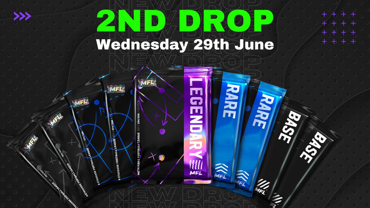 playMFL's tweet image. Our 2nd drop is this Wednesday📅(June 29)🔥

To celebrate it, we are organizing a HUGE Giveaway! 🥳🎉

More than $300 of packs to win🎁:
- 1 Legendary pack🟣
- 2 Rare packs🔵
- 5 Base packs ⚫️

To enter:
➡️RT, Like &amp;amp; Follow @playMFL 
➡️Join discord (link⬇️)
➡️Tag friends

#onFlow