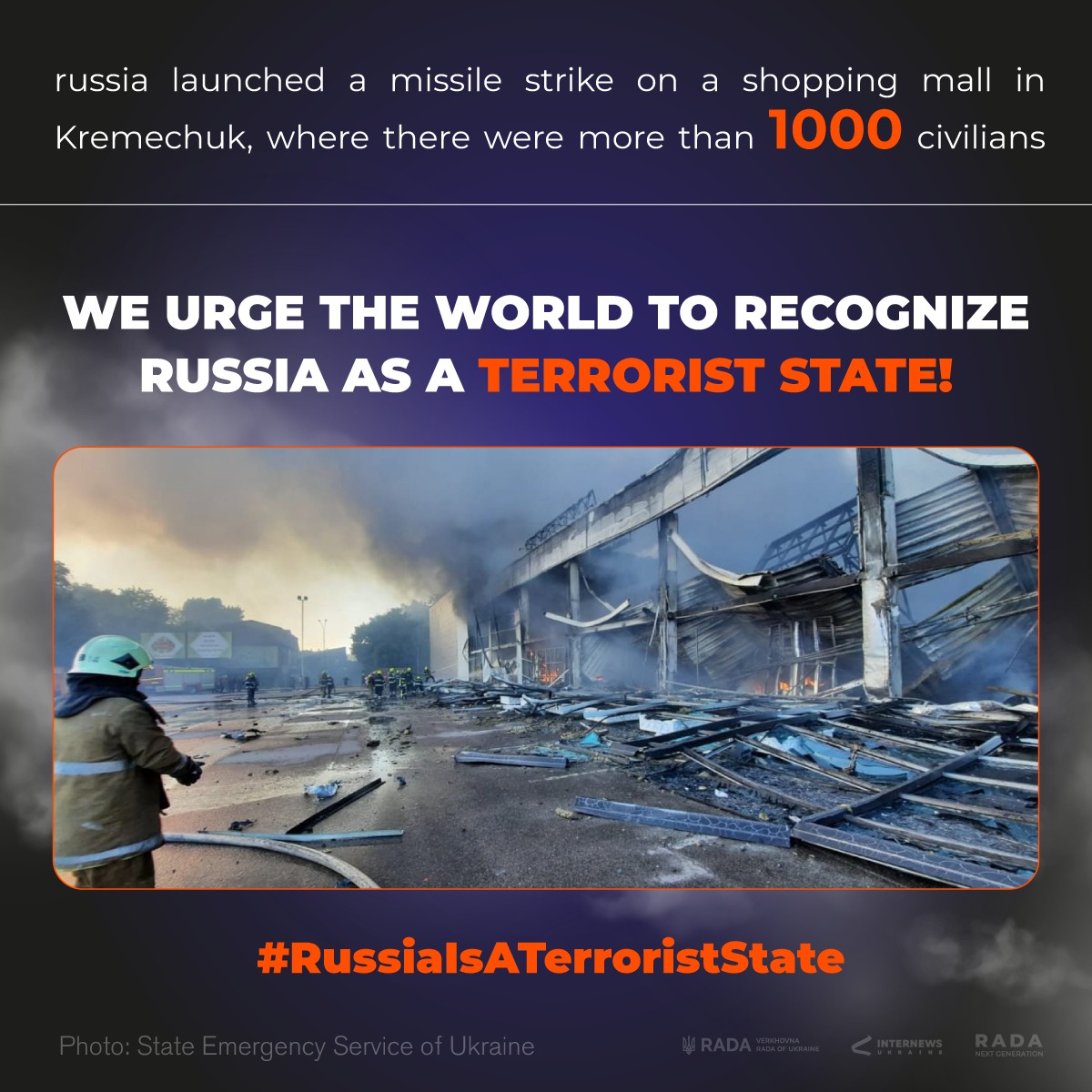We urge the world to recognize russia as a terrorist state!
#RussiaIsATerroristState 
We'll never forgive. #Kremenchuk 
#StopRussia #StopPutin