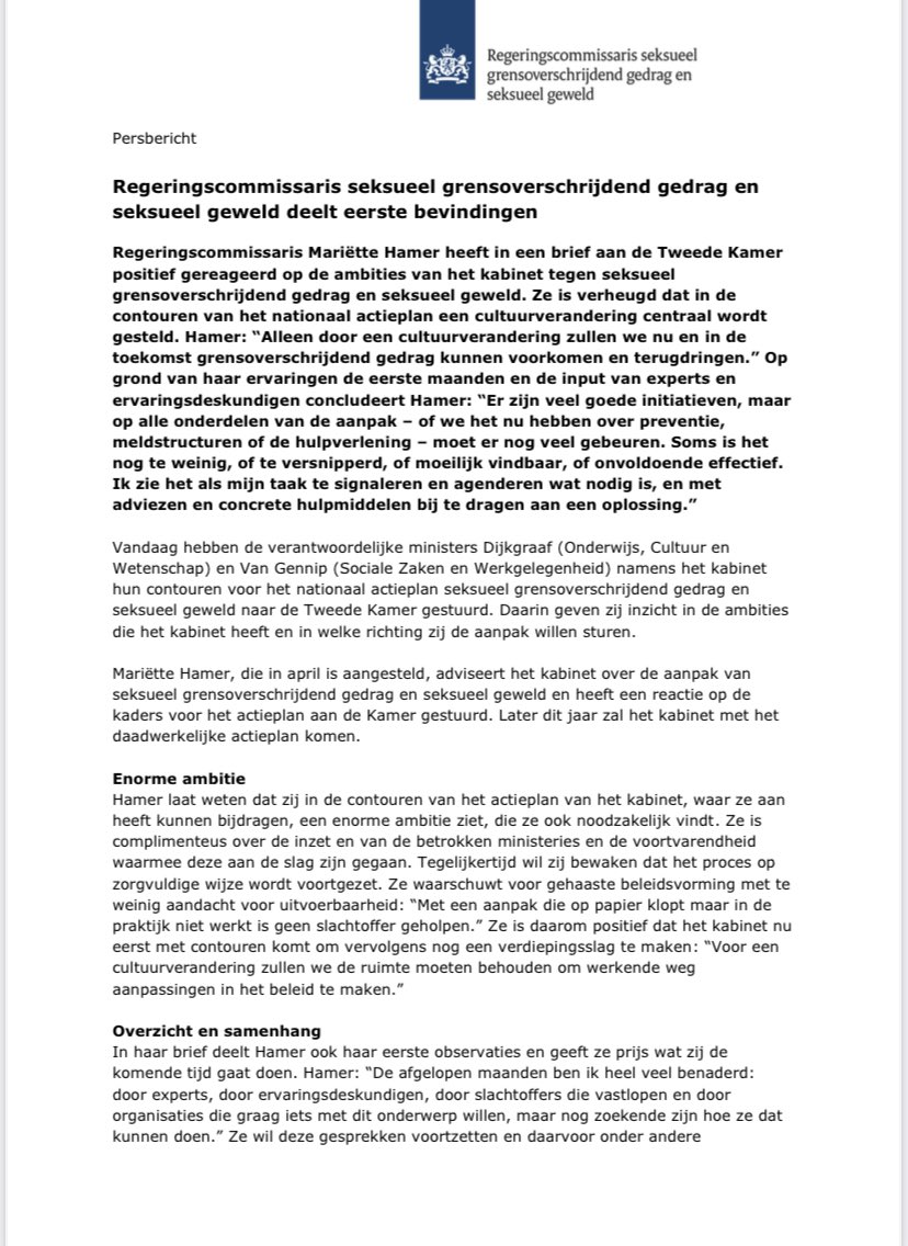 RCGOG_Hamer's tweet photo. Vandaag stuurde @mariettehamer een brief aan de Tweede Kamer over haar eerste bevindingen als Regeringscommissaris seksueel grensoverschrijdend gedrag en seksueel geweld. Lees de volledige brief hier: https://t.co/Pg7o7PTgDx https://t.co/wabSCKBht0