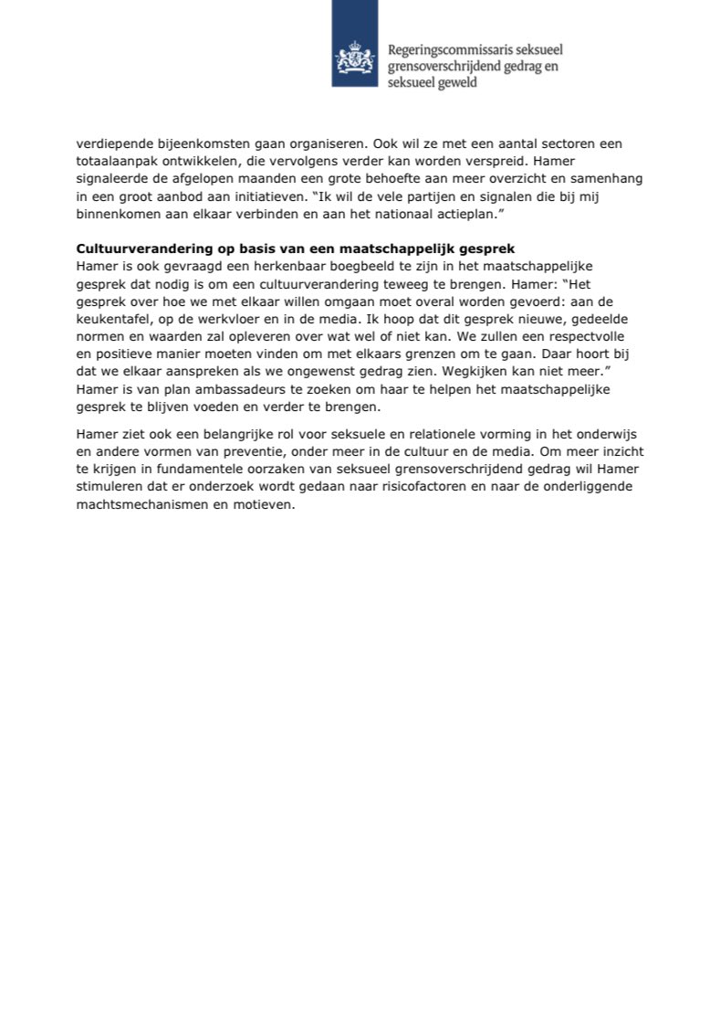 Vandaag stuurde <a href="/mariettehamer/">Mariette Hamer</a> een brief aan de Tweede Kamer over haar eerste bevindingen als Regeringscommissaris seksueel grensoverschrijdend gedrag en seksueel geweld. Lees de volledige brief hier: rijksoverheid.nl/documenten/bri…