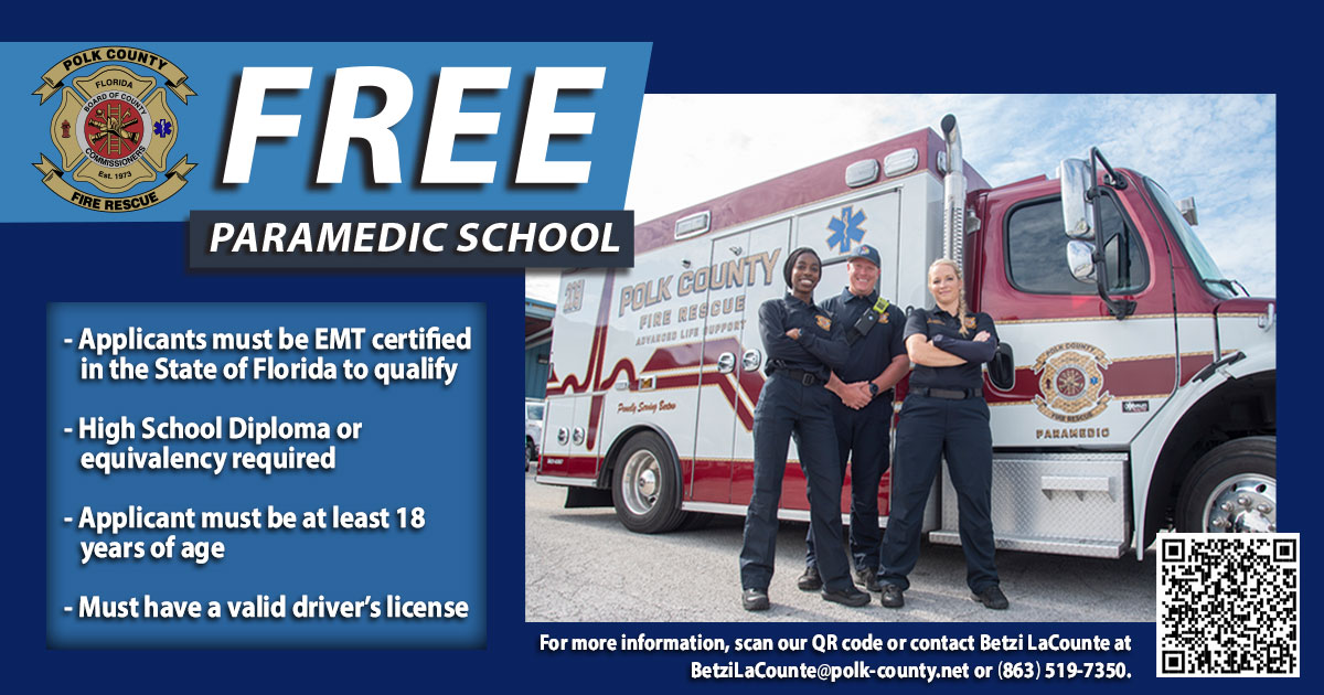 PolkFire's tweet photo. Have you been thinking about furthering your education? Well don't miss out on #PCFR's Free Paramedic school program!

For more info, contact Betzi LaCounte at BetziLacounte@polk-county.net or call (863) 519-7350. #PolkFLFireRescue #PolkCountyFL #WeAreHiring #FireDepartmentHiring https://t.co/unTFofOlZt