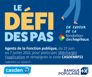[Défi des pas – CASDENBP22] 

Débuté le 23 juin dernier et jusqu’au 7 juillet, les agents de la Fonction publique et les collaborateurs sont invités à marcher, cumuler des pas, et contribuer ainsi à faire un don à la Fondation des Hôpitaux. 💙

💻 imagine2024.groupebpce.com
