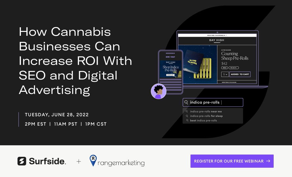 getsurfside's tweet image. Last chance to register for our webinar tomorrow! Learn about SEO, web optimization, and advertising for the #cannabis space. 

Sign up here:  rangemarketing.com/range-surfside…